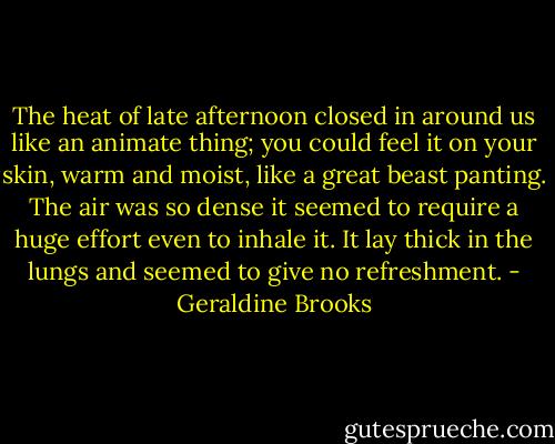 The heat of late afternoon closed in around us like an animate thing; you could feel it on your skin, warm and moist, like a great beast panting. The air was so dense it seemed to require a huge effort even to inhale it. It lay thick in the lungs and seemed to give no refreshment. - Geraldine Brooks