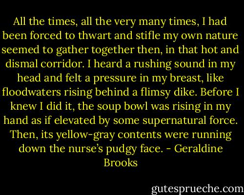 All the times, all the very many times, I had been forced to thwart and stifle my own nature seemed to gather together then, in that hot and dismal corridor. I heard a rushing sound in my head and felt a pressure in my breast, like floodwaters rising behind a flimsy dike. Before I knew I did it, the soup bowl was rising in my hand as if elevated by some supernatural force. Then, its yellow-gray contents were running down the nurse’s pudgy face. - Geraldine Brooks