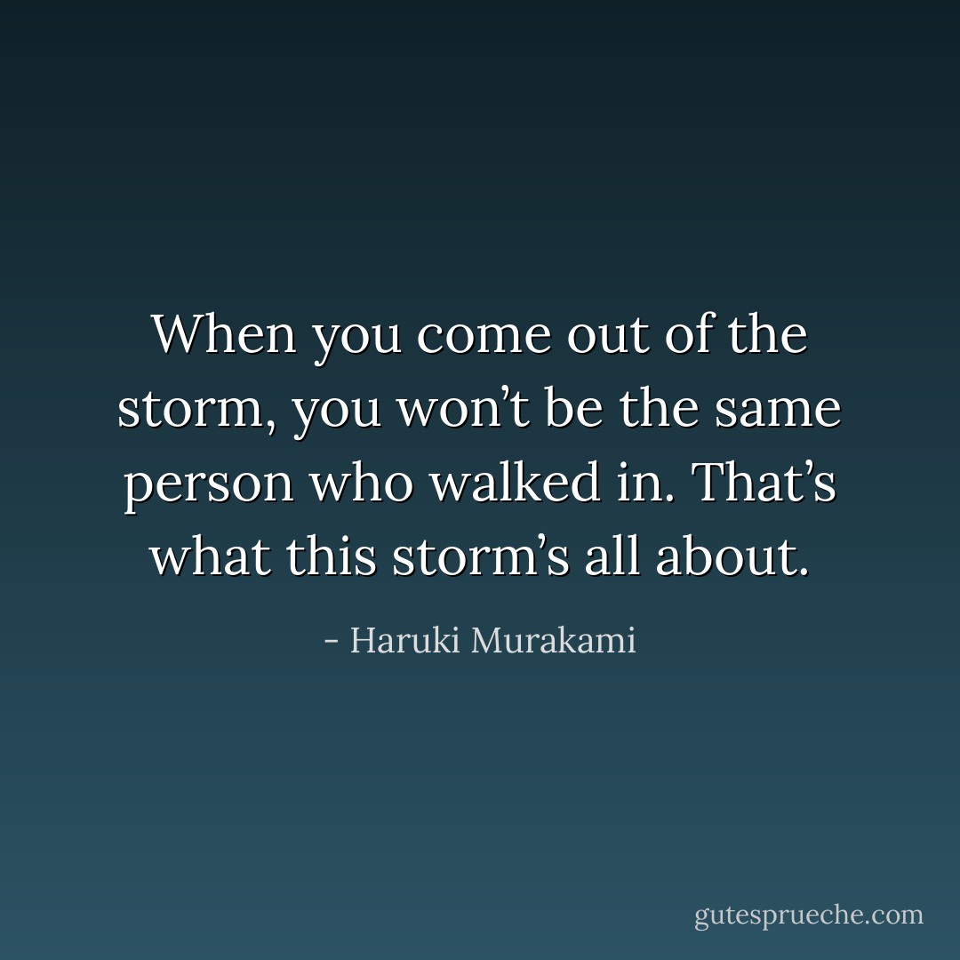 When you come out of the storm, you won’t be the same person who walked in. That’s what this storm’s all about. - Haruki Murakami