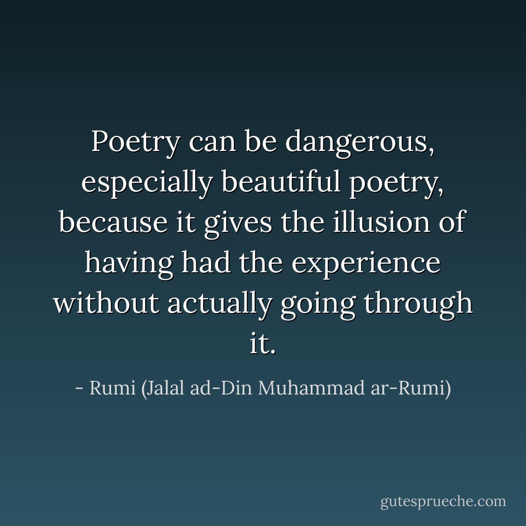 Poetry can be dangerous, especially beautiful poetry, because it gives the illusion of having had the experience without actually going through it. - Rumi (Jalal ad-Din Muhammad ar-Rumi)