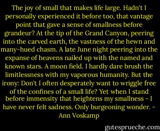 The joy of small that makes life large. Hadn't I personally experienced it before too, that vantage point that gave a sense of smallness before grandeur? At the tip of the Grand Canyon, peering into the carved earth, the vastness of the hewn and many-hued chasm. A late June night peering into the expanse of heavens nailed up with the named and known stars. A moon field. I hardly dare brush the limitlessness with my vaporous humanity. But the irony: Don't I often desperately want to wriggle free of the confines of a small life? Yet when I stand before immensity that heightens my smallness - I have never felt sadness. Only burgeoning wonder. - Ann Voskamp