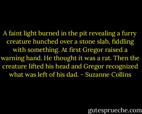 A faint light burned in the pit revealing a furry creature hunched over a stone slab, fiddling with something. At first Gregor raised a warning hand. He thought it was a rat.<br />Then the creature lifted his head and Gregor recognized what was left of his dad. - Suzanne Collins