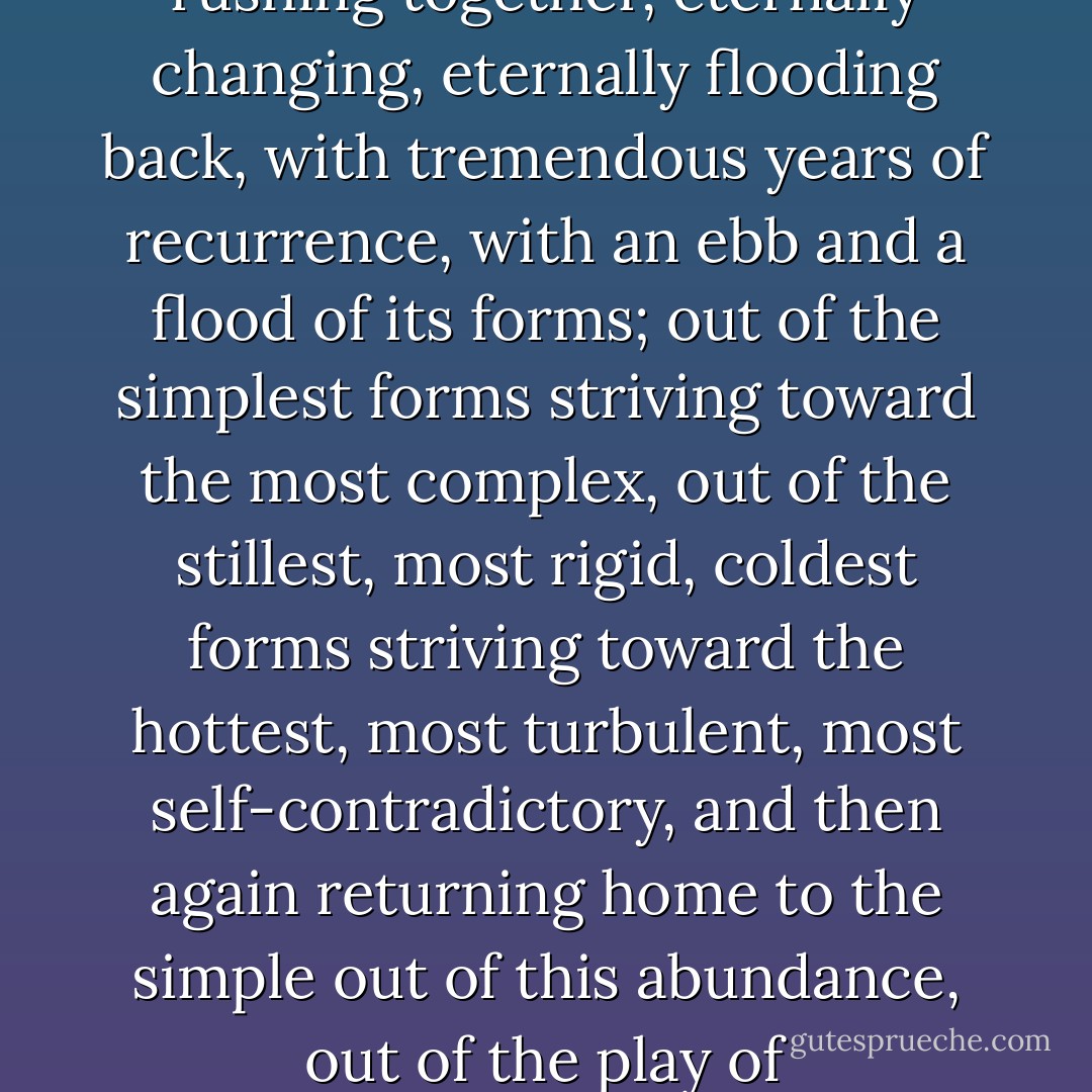 And do you know what “the world” is to me? Shall I show it to you in my mirror? This world: a monster of energy, without beginning, without end; a firm, iron magnitude of force that does not grow bigger or smaller, that does not expend itself but only transforms itself; as a whole, of unalterable size, a household without expenses or losses, but likewise without increase or income; enclosed by “nothingness” as by a boundary; not something blurry or wasted, not something endlessly extended, but set in a definite space as a definite force, and not a space that might be “empty” here or there, but rather as force throughout, as a play of forces and waves of forces, at the same time one and many, increasing here and at the same time decreasing there; a sea of forces flowing and rushing together, eternally changing, eternally flooding back, with tremendous years of recurrence, with an ebb and a flood of its forms; out of the simplest forms striving toward the most complex, out of the stillest, most rigid, coldest forms striving toward the hottest, most turbulent, most self-contradictory, and then again returning home to the simple out of this abundance, out of the play of contradictions back to the joy of concord, still affirming itself in this uniformity of its courses and its years, blessing itself as that which must return eternally, as a becoming that knows no satiety, no disgust, no weariness: this, my Dionysian world of the eternally self- creating, the eternally self-destroying, this mystery world of the twofold voluptuous delight, my “beyond good and evil,” without goal, unless the joy of the circle is itself a goal; without will, unless a ring feels good will toward itself— do you want a name for this world? A solution for all of its riddles? A light for you, too, you best-concealed, strongest, most intrepid, most midnightly men?— This world is the will to power—and nothing besides! And you yourselves are also this will to power—and nothing besides! - Friedrich Nietzsche