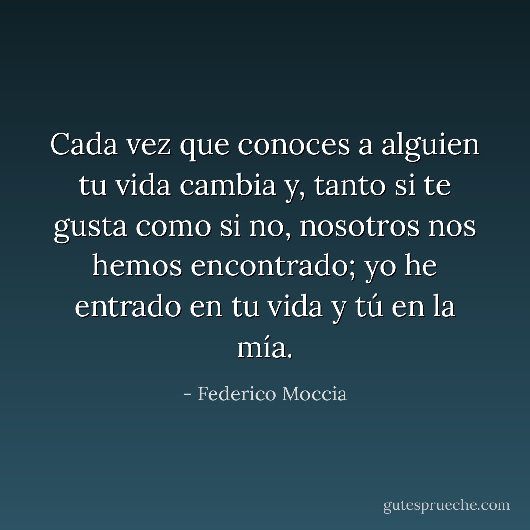 Cada vez que conoces a alguien tu vida cambia y, tanto si te gusta como si no, nosotros nos hemos encontrado; yo he entrado en tu vida y tú en la mía. - Federico Moccia