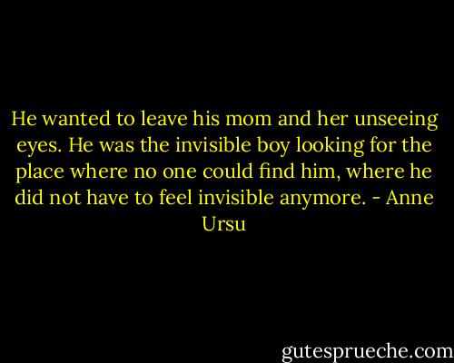 He wanted to leave his mom and her unseeing eyes. He was the invisible boy looking for the place where no one could find him, where he did not have to feel invisible anymore. - Anne Ursu