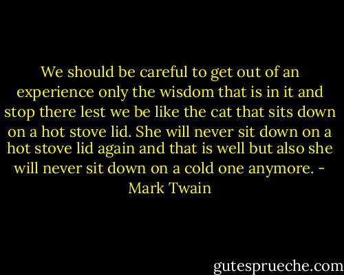 We should be careful to get out of an experience only the wisdom that is in it and stop there lest we be like the cat that sits down on a hot stove lid. She will never sit down on a hot stove lid again and that is well but also she will never sit down on a cold one anymore. - Mark Twain