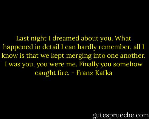 Last night I dreamed about you. What happened in detail I can hardly remember, all I know is that we kept merging into one another. I was you, you were me. Finally you somehow caught fire. - Franz Kafka