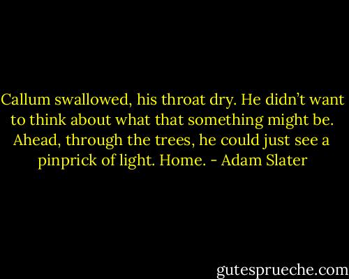 Callum swallowed, his throat dry. He didn’t want to think about what that something might be.<br />Ahead, through the trees, he could just see a pinprick of light. Home. - Adam Slater