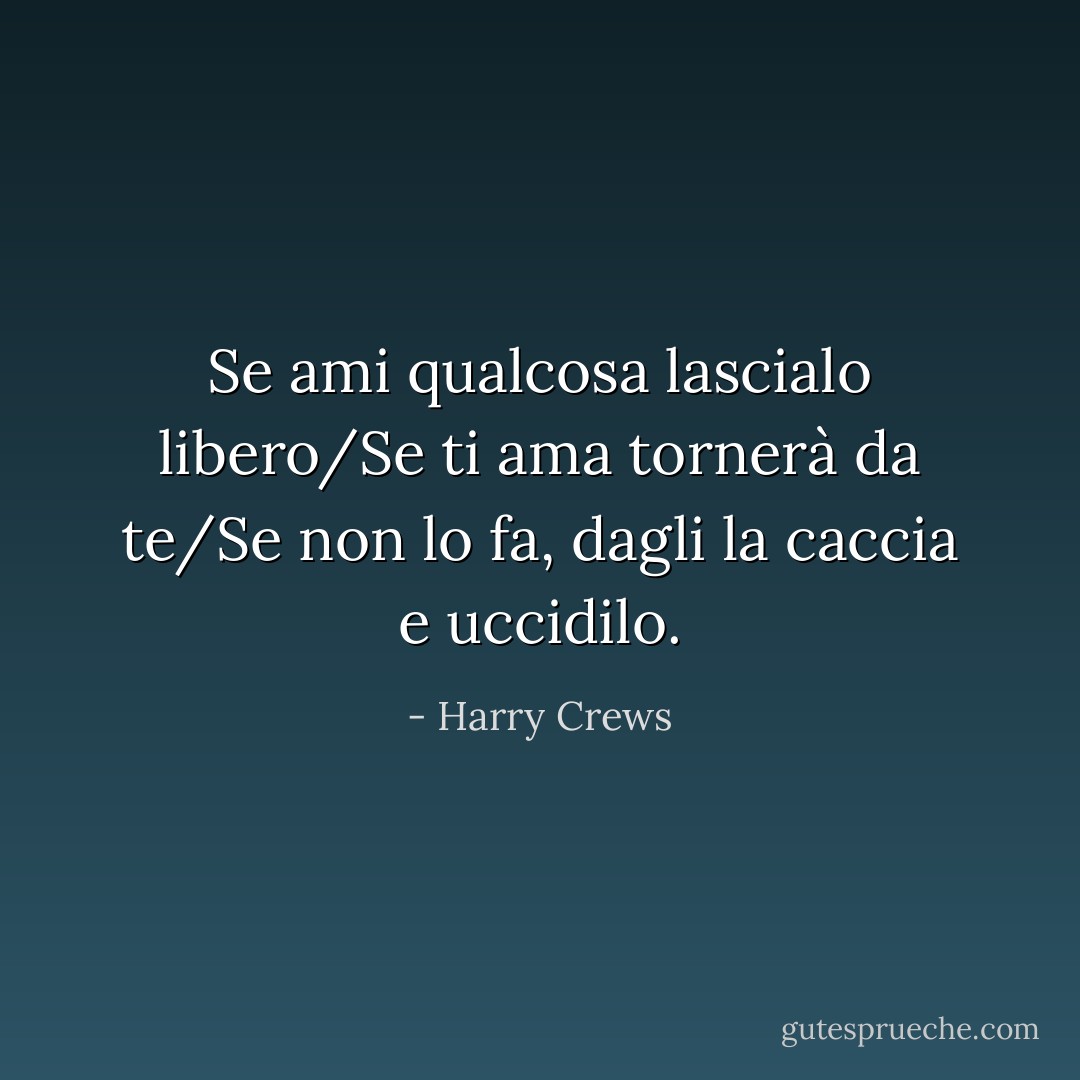 Se ami qualcosa lascialo libero/Se ti ama tornerà da te/Se non lo fa, dagli la caccia e uccidilo. - Harry Crews