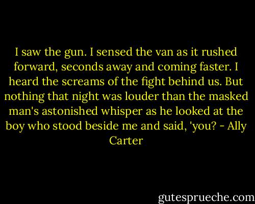 I saw the gun. I sensed the van as it rushed forward, seconds away and coming faster. I heard the screams of the fight behind us. But nothing that night was louder than the masked man's astonished whisper as he looked at the boy who stood beside me and said, 'you? - Ally Carter