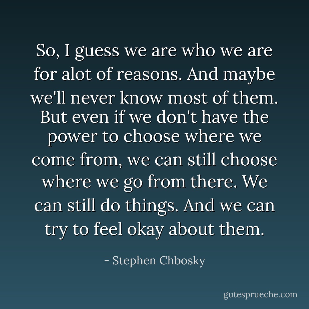 So, I guess we are who we are for alot of reasons. And maybe we'll never know most of them. But even if we don't have the power to choose where we come from, we can still choose where we go from there. We can still do things. And we can try to feel okay about them. - Stephen Chbosky