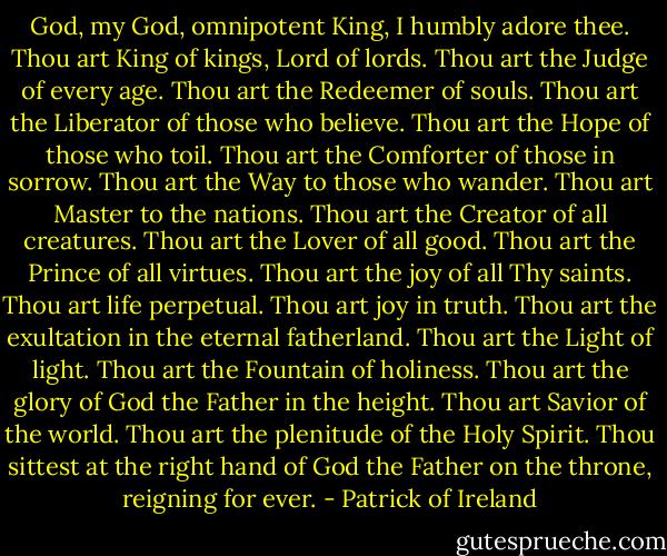 God, my God, omnipotent King, I humbly adore thee. Thou art King of kings, Lord of lords. Thou art the Judge of every age. Thou art the Redeemer of souls. Thou art the Liberator of those who believe. Thou art the Hope of those who toil. Thou art the Comforter of those in sorrow. Thou art the Way to those who wander. Thou art Master to the nations. Thou art the Creator of all creatures. Thou art the Lover of all good. Thou art the Prince of all virtues. Thou art the joy of all Thy saints. Thou art life perpetual. Thou art joy in truth. Thou art the exultation in the eternal fatherland. Thou art the Light of light. Thou art the Fountain of holiness. Thou art the glory of God the Father in the height. Thou art Savior of the world. Thou art the plenitude of the Holy Spirit. Thou sittest at the right hand of God the Father on the throne, reigning for ever. - Patrick of Ireland