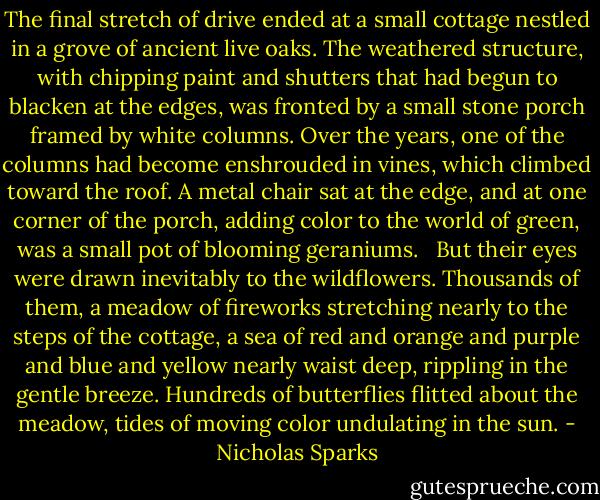 The final stretch of drive ended at a small cottage nestled in a grove of ancient live oaks. The weathered structure, with chipping paint and shutters that had begun to blacken at the edges, was fronted by a small stone porch framed by white columns. Over the years, one of the columns had become enshrouded in vines, which climbed toward the roof. A metal chair sat at the edge, and at one corner of the porch, adding color to the world of green, was a small pot of blooming geraniums. <br /> But their eyes were drawn inevitably to the wildflowers. Thousands of them, a meadow of fireworks stretching nearly to the steps of the cottage, a sea of red and orange and purple and blue and yellow nearly waist deep, rippling in the gentle breeze. Hundreds of butterflies flitted about the meadow, tides of moving color undulating in the sun. - Nicholas Sparks