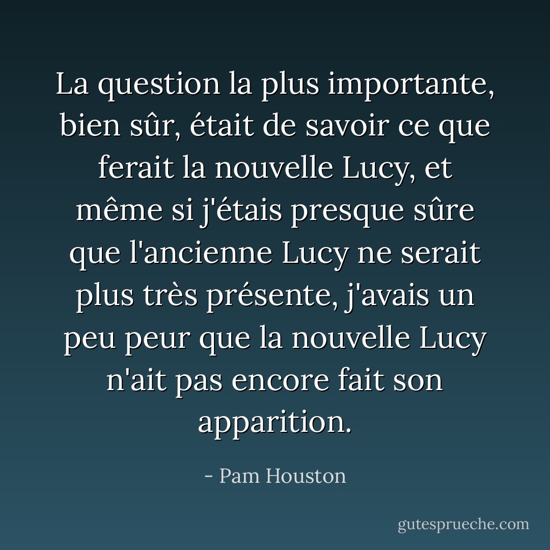 La question la plus importante, bien sûr, était de savoir ce que ferait la nouvelle Lucy, et même si j'étais presque sûre que l'ancienne Lucy ne serait plus très présente, j'avais un peu peur que la nouvelle Lucy n'ait pas encore fait son apparition. - Pam Houston