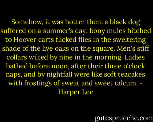 Somehow, it was hotter then: a black dog suffered on a summer's day; bony mules hitched to Hoover carts flicked flies in the sweltering shade of the live oaks on the square. Men's stiff collars wilted by nine in the morning. Ladies bathed before noon, after their three o'clock naps, and by nightfall were like soft teacakes with frostings of sweat and sweet talcum. - Harper Lee