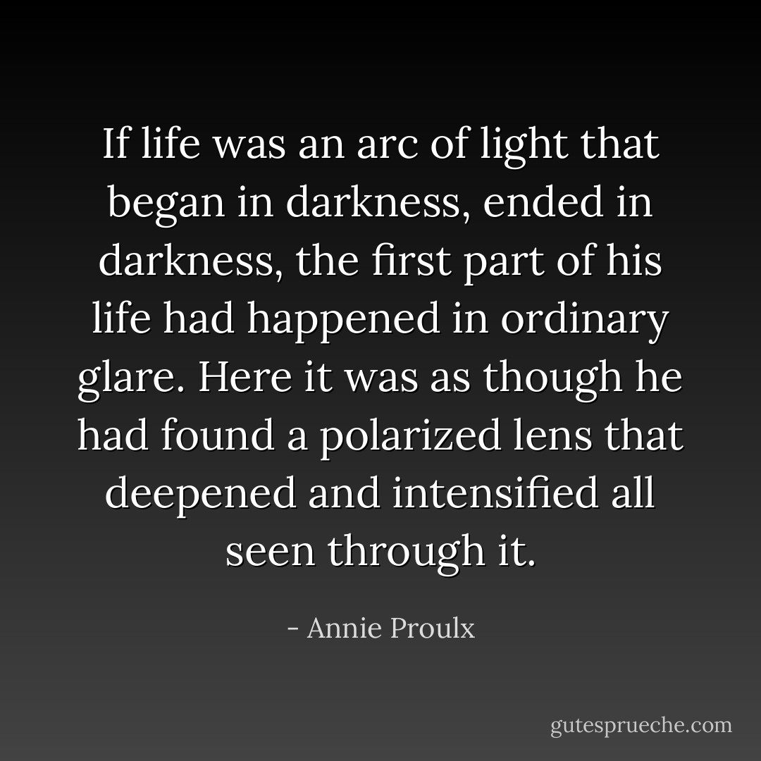If life was an arc of light that began in darkness, ended in darkness, the first part of his life had happened in ordinary glare. Here it was as though he<br />had found a polarized lens that deepened and intensified all seen through it. - Annie Proulx