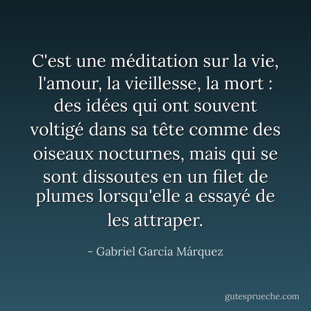 C'est une méditation sur la vie, l'amour, la vieillesse, la mort : des idées qui ont souvent voltigé dans sa tête comme des oiseaux nocturnes, mais qui se sont dissoutes en un filet de plumes lorsqu'elle a essayé de les attraper. - Gabriel García Márquez