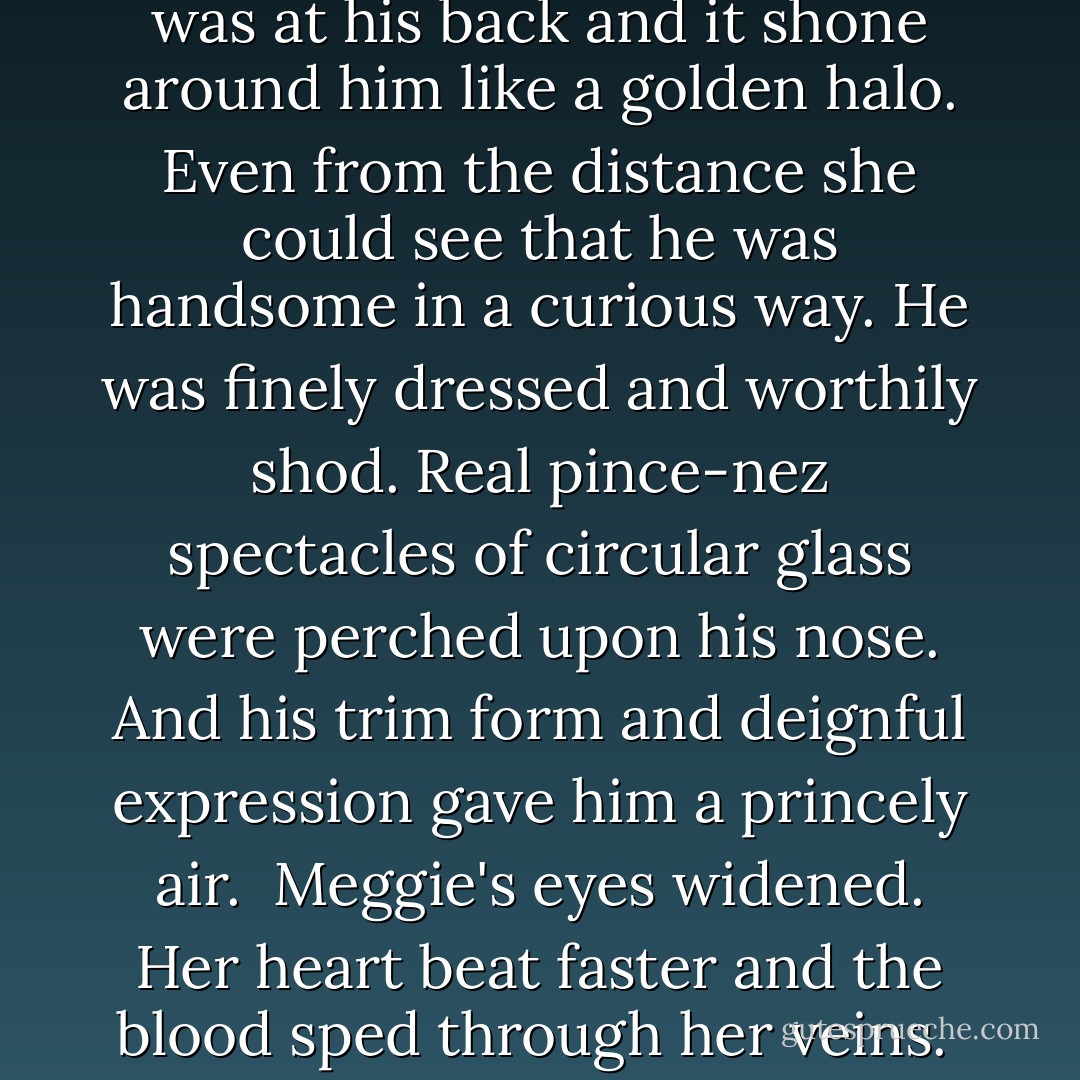 He, the stranger, was speaking to her brother Jesse. The sun was at his back and it shone around him like a golden halo. Even from the distance she could see that he was handsome in a curious way. He was finely dressed and worthily shod. Real pince-nez spectacles of circular glass were perched upon his nose. And his trim form and deignful expression gave him a princely air.<br /><br />Meggie's eyes widened. Her heart beat faster and the blood sped through her veins.<br /><br />A prince. Her prince. - Pamela Morsi