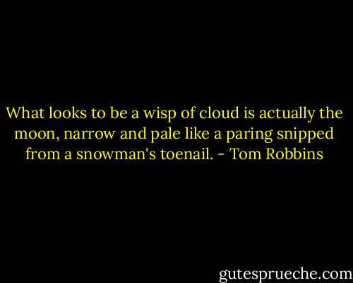 What looks to be a wisp of cloud is actually the moon, narrow and pale like a paring snipped from a snowman's toenail. - Tom Robbins