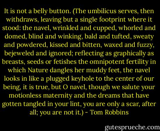 It is not a belly button. (The umbilicus serves, then withdraws, leaving but a single footprint where it stood: the navel, wrinkled and cupped, whorled and domed, blind and winking, bald and tufted, sweaty and powdered, kissed and bitten, waxed and fuzzy, bejeweled and ignored; reflecting as graphically as breasts, seeds or fetishes the omnipotent fertility in which Nature dangles her muddy feet, the navel looks in like a plugged keyhole to the center of our being, it is true, but O navel, though we salute your motionless maternity and the dreams that have gotten tangled in your lint, you are only a scar, after all; you are not it.) - Tom Robbins