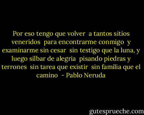 Por eso tengo que volver <br />a tantos sitios veneridos <br />para encontrarme conmigo <br />y examinarme sin cesar <br />sin testigo que la luna,<br />y luego silbar de alegria <br />pisando piedras y terrones <br />sin tarea que existir <br />sin familia que el camino  - Pablo Neruda