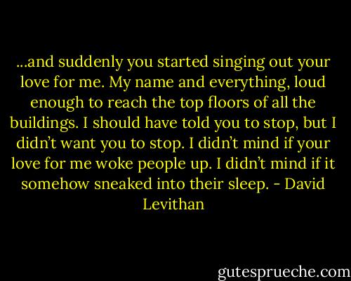 ...and suddenly you started singing out your love for me. My name and everything, loud enough to reach the top floors of all the buildings. I should have told you to stop, but I didn’t want you to stop. I didn’t mind if your love for me woke people up. I didn’t mind if it somehow sneaked into their sleep. - David Levithan