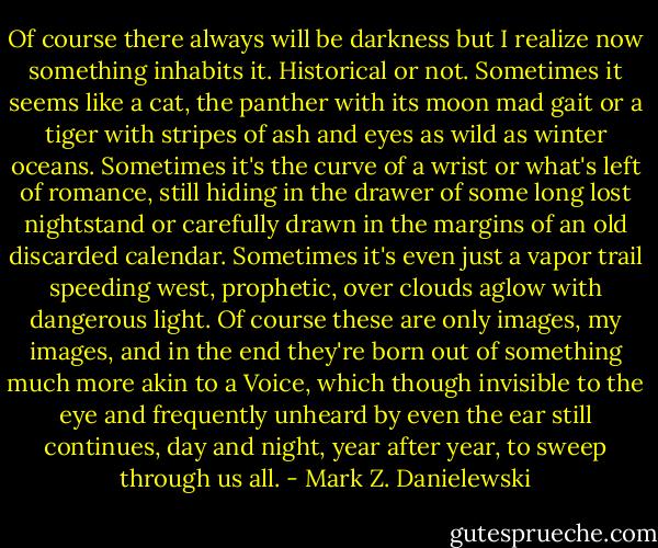 Of course there always will be darkness but I realize now something inhabits it. Historical or not. Sometimes it seems like a cat, the panther with its moon mad gait or a tiger with stripes of ash and eyes as wild as winter oceans. Sometimes it's the curve of a wrist or what's left of romance, still hiding in the drawer of some long lost nightstand or carefully drawn in the margins of an old discarded calendar. Sometimes it's even just a vapor trail speeding west, prophetic, over clouds aglow with dangerous light. Of course these are only images, my images, and in the end they're born out of something much more akin to a Voice, which though invisible to the eye and frequently unheard by even the ear still continues, day and night, year after year, to sweep through us all. - Mark Z. Danielewski