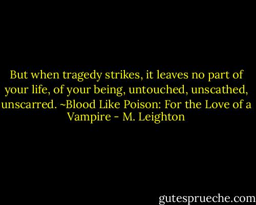 But when tragedy strikes, it leaves no part of your life, of your being, untouched, unscathed, unscarred. ~Blood Like Poison: For the Love of a Vampire - M. Leighton