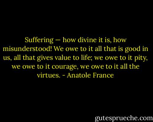 Suffering — how divine it is, how misunderstood! We owe to it all that is good in us, all that gives value to life; we owe to it pity, we owe to it courage, we owe to it all the virtues. - Anatole France