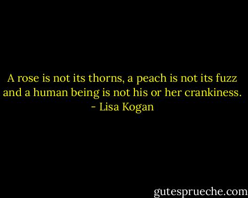 A rose is not its thorns, a peach is not its fuzz and a human being is not his or her crankiness. - Lisa Kogan