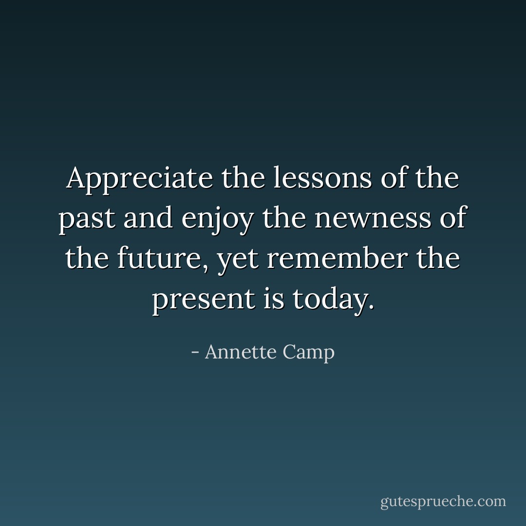 Appreciate the lessons of the past and enjoy the newness of the future, yet remember the present is today. - Annette Camp