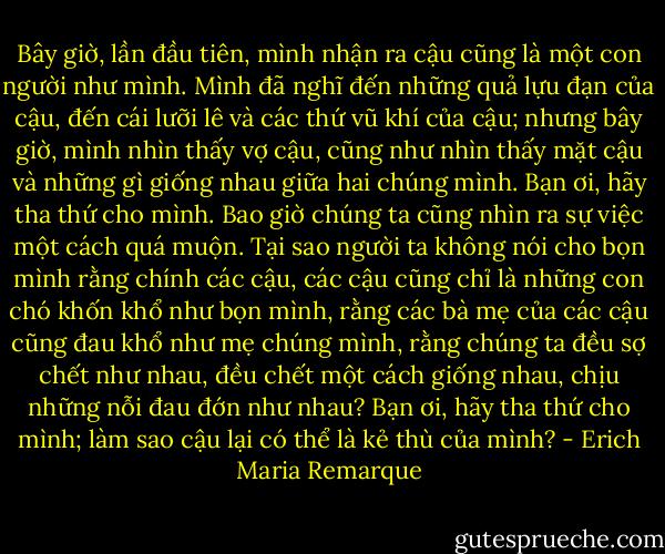Bây giờ, lần đầu tiên, mình nhận ra cậu cũng là một con người như mình. Mình đã nghĩ đến những quả lựu đạn của cậu, đến cái lưỡi lê và các thứ vũ khí của cậu; nhưng bây giờ, mình nhìn thấy vợ cậu, cũng như nhìn thấy mặt cậu và những gì giống nhau giữa hai chúng mình. Bạn ơi, hãy tha thứ cho mình. Bao giờ chúng ta cũng nhìn ra sự việc một cách quá muộn. Tại sao người ta không nói cho bọn mình rằng chính các cậu, các cậu cũng chỉ là những con chó khốn khổ như bọn mình, rằng các bà mẹ của các cậu cũng đau khổ như mẹ chúng mình, rằng chúng ta đều sợ chết như nhau, đều chết một cách giống nhau, chịu những nỗi đau đớn như nhau? Bạn ơi, hãy tha thứ cho mình; làm sao cậu lại có thể là kẻ thù của mình? - Erich Maria Remarque