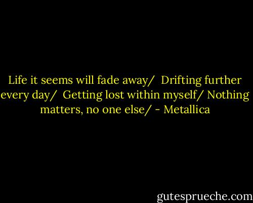 Life it seems will fade away/ <br />Drifting further every day/<br /> Getting lost within myself/<br />Nothing matters, no one else/ - Metallica