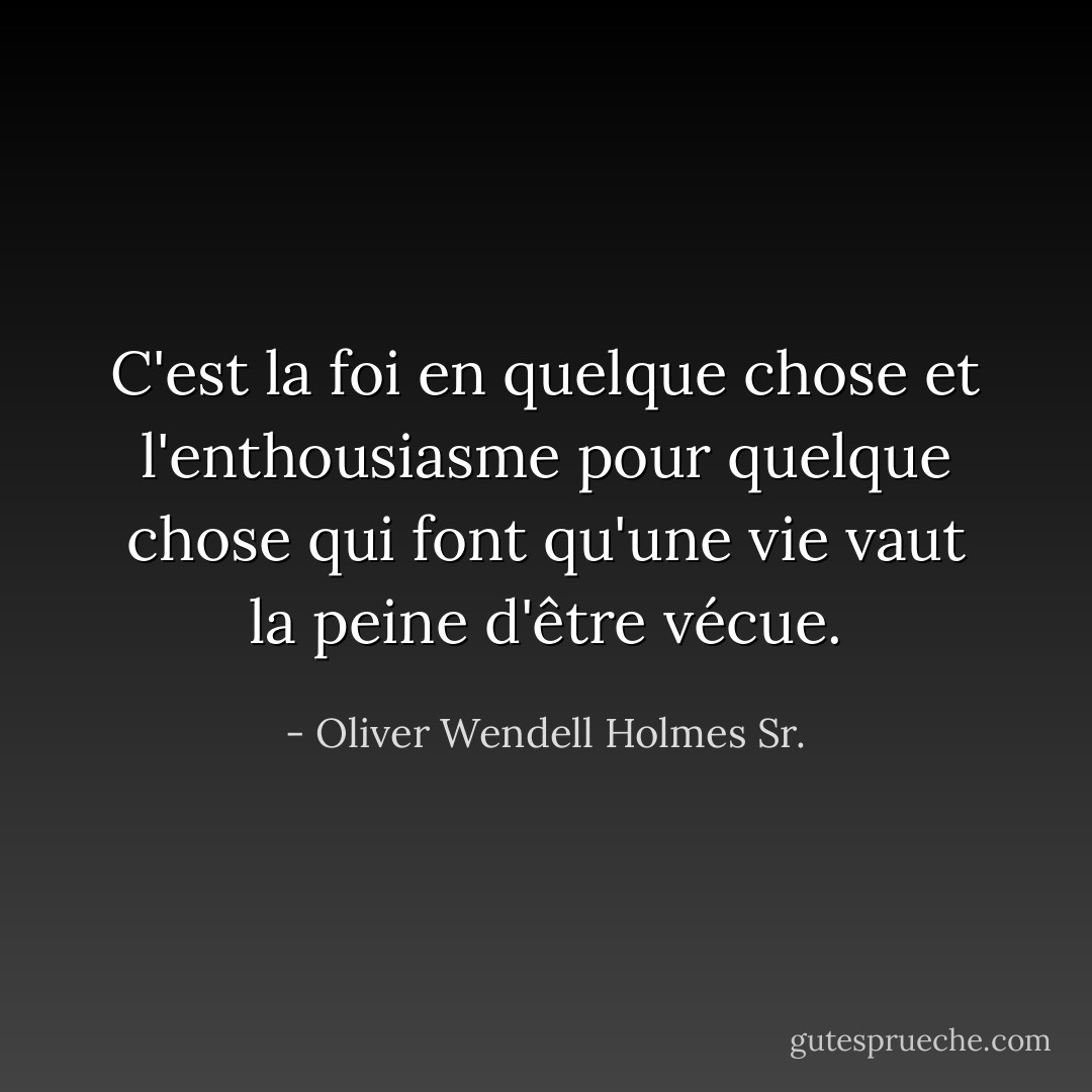 C'est la foi en quelque chose et l'enthousiasme pour quelque chose qui font qu'une vie vaut la peine d'être vécue. - Oliver Wendell Holmes Sr.