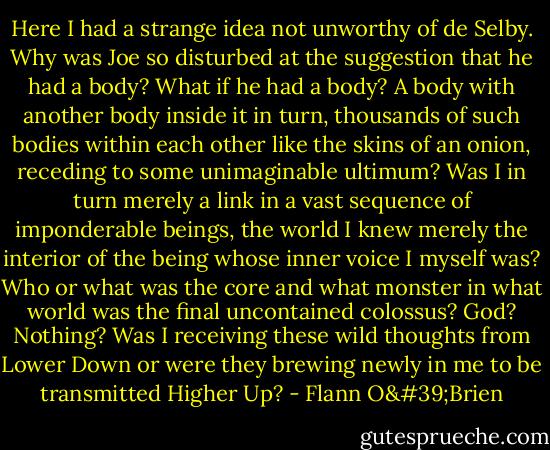 Here I had a strange idea not unworthy of de Selby. Why was Joe so disturbed at the suggestion that he had a body? What if he had a body? A body with another body inside it in turn, thousands of such bodies within each other like the skins of an onion, receding to some unimaginable ultimum? Was I in turn merely a link in a vast sequence of imponderable beings, the world I knew merely the interior of the being whose inner voice I myself was? Who or what was the core and what monster in what world was the final uncontained colossus? God? Nothing? Was I receiving these wild thoughts from Lower Down or were they brewing newly in me to be transmitted Higher Up? - Flann O'Brien