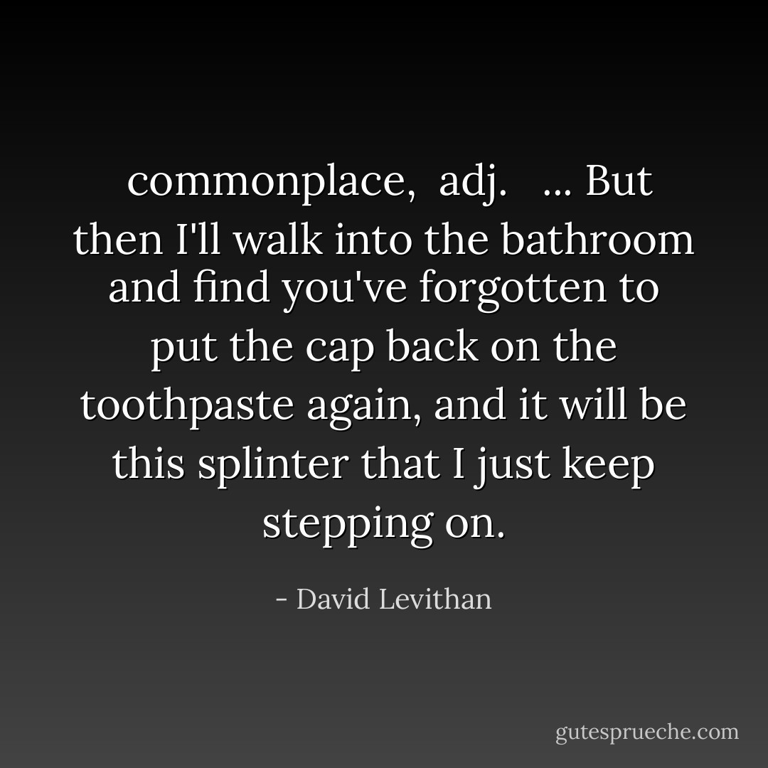 <b> commonplace</b>, <i> adj. </i><br /> ... But then I'll walk into the bathroom and find you've forgotten to put the cap back on the toothpaste again, and it will be this splinter that I just keep stepping on. - David Levithan