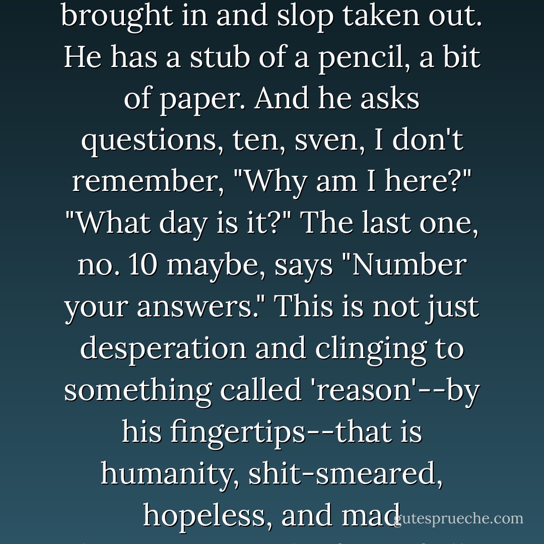 I think it's in Malone Dies that Beckett's creature is in a kind of prison or hospital. As I recall, he is visited twice a day, slop brought in and slop taken out. He has a stub of a pencil, a bit of paper. And he asks questions, ten, sven, I don't remember, "Why am I here?" "What day is it?" The last one, no. 10 maybe, says "Number your answers." This is not just desperation and clinging to something called 'reason'--by his fingertips--that is humanity, shit-smeared, hopeless, and mad humanity--in the face of all denial. Our work is about that. My work. - Gerald Stern
