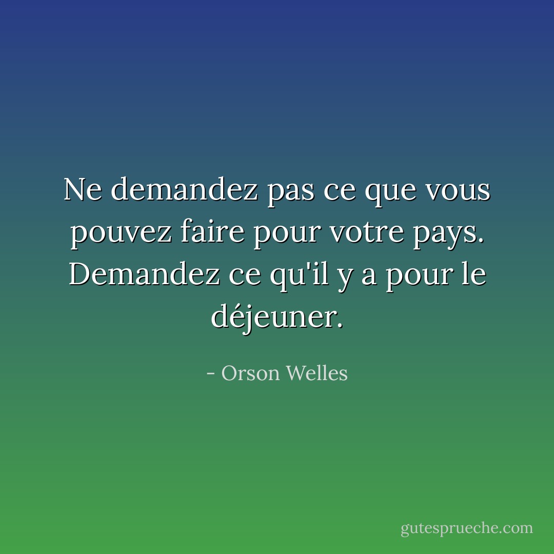 Ne demandez pas ce que vous pouvez faire pour votre pays. Demandez ce qu'il y a pour le déjeuner. - Orson Welles
