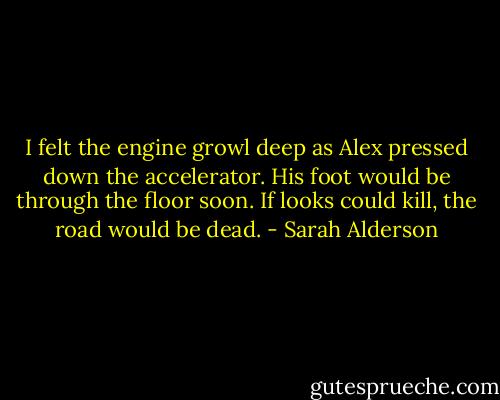 I felt the engine growl deep as Alex pressed down the accelerator. His foot would be through the floor soon. If looks could kill, the road would be dead. - Sarah Alderson