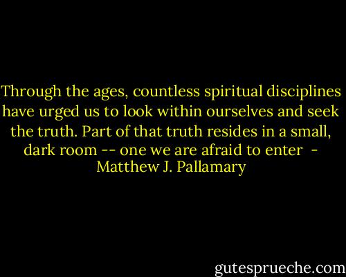 Through the ages, countless spiritual disciplines have urged us to look within ourselves and seek the truth. Part of that truth resides in a small, dark room -- one we are afraid to enter  - Matthew J. Pallamary