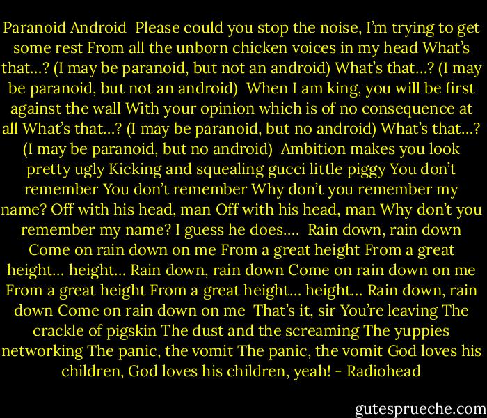 Paranoid Android<br /><br />Please could you stop the noise, I’m trying to get some rest<br />From all the unborn chicken voices in my head<br />What’s that…? (I may be paranoid, but not an android)<br />What’s that…? (I may be paranoid, but not an android)<br /><br />When I am king, you will be first against the wall<br />With your opinion which is of no consequence at all<br />What’s that…? (I may be paranoid, but no android)<br />What’s that…? (I may be paranoid, but no android)<br /><br />Ambition makes you look pretty ugly<br />Kicking and squealing gucci little piggy<br />You don’t remember<br />You don’t remember<br />Why don’t you remember my name?<br />Off with his head, man<br />Off with his head, man<br />Why don’t you remember my name?<br />I guess he does….<br /><br />Rain down, rain down<br />Come on rain down on me<br />From a great height<br />From a great height… height…<br />Rain down, rain down<br />Come on rain down on me<br />From a great height<br />From a great height… height…<br />Rain down, rain down<br />Come on rain down on me<br /><br />That’s it, sir<br />You’re leaving<br />The crackle of pigskin<br />The dust and the screaming<br />The yuppies networking<br />The panic, the vomit<br />The panic, the vomit<br />God loves his children, God loves his children, yeah! - Radiohead