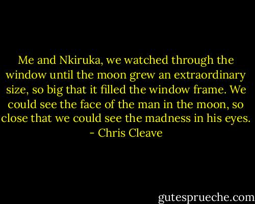 Me and Nkiruka, we watched through the window until the moon grew an extraordinary size, so big that it filled the window frame. We could see the face of the man in the moon, so close that we could see the madness in his eyes. - Chris Cleave