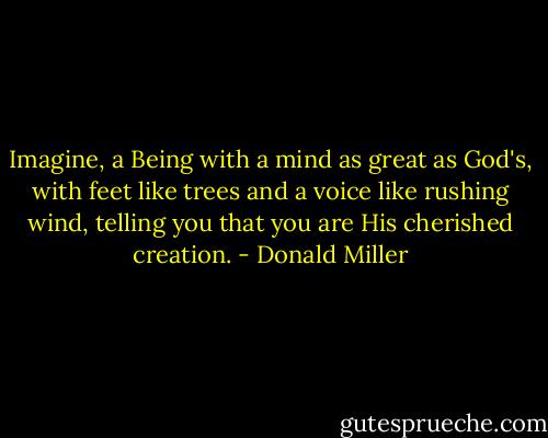 Imagine, a Being with a mind as great as God's, with feet like trees and a voice like rushing wind, telling you that you are His cherished creation. - Donald Miller