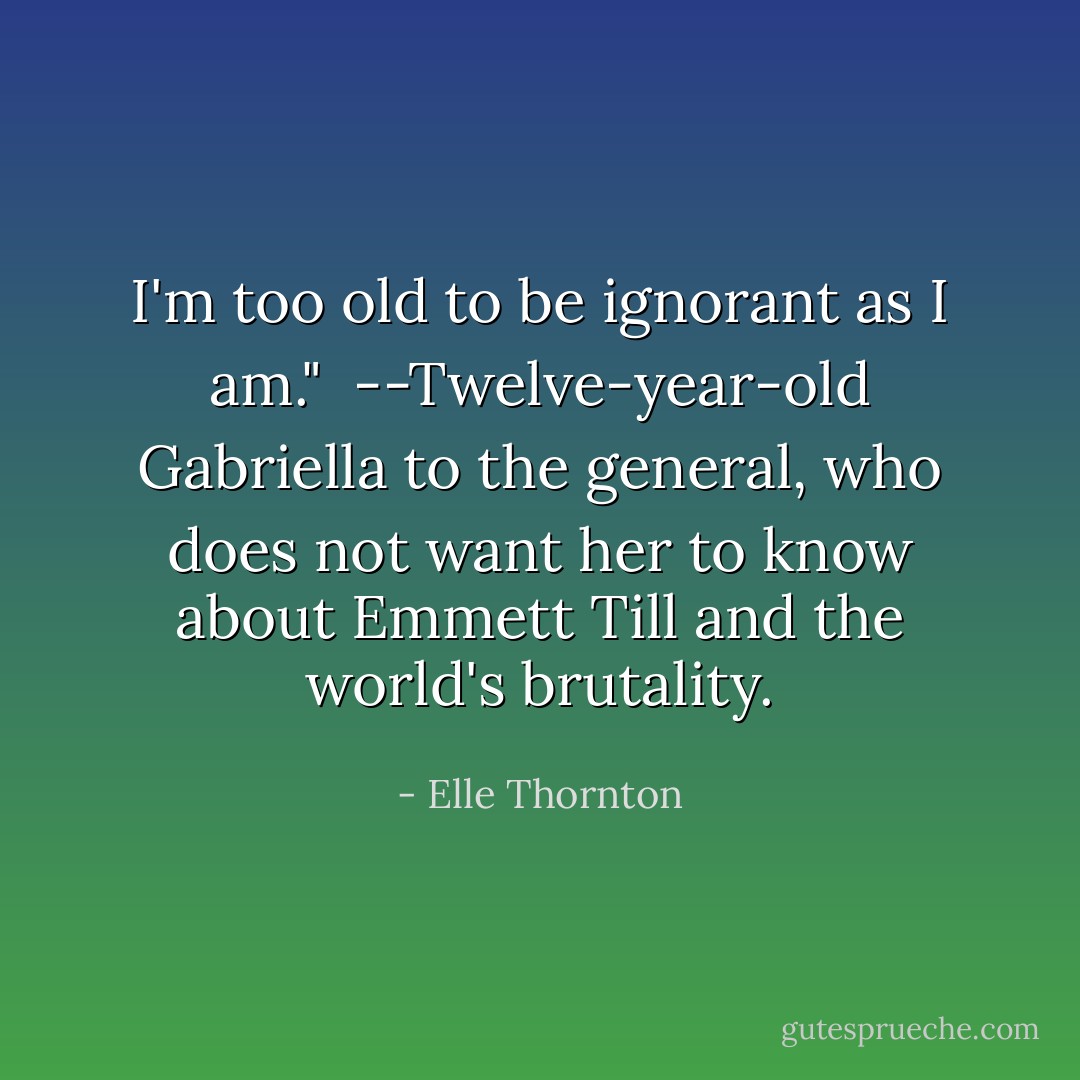 I'm too old to be ignorant as I am." <br />--Twelve-year-old Gabriella to the general, who does not want her to know about Emmett Till and the world's brutality. - Elle Thornton