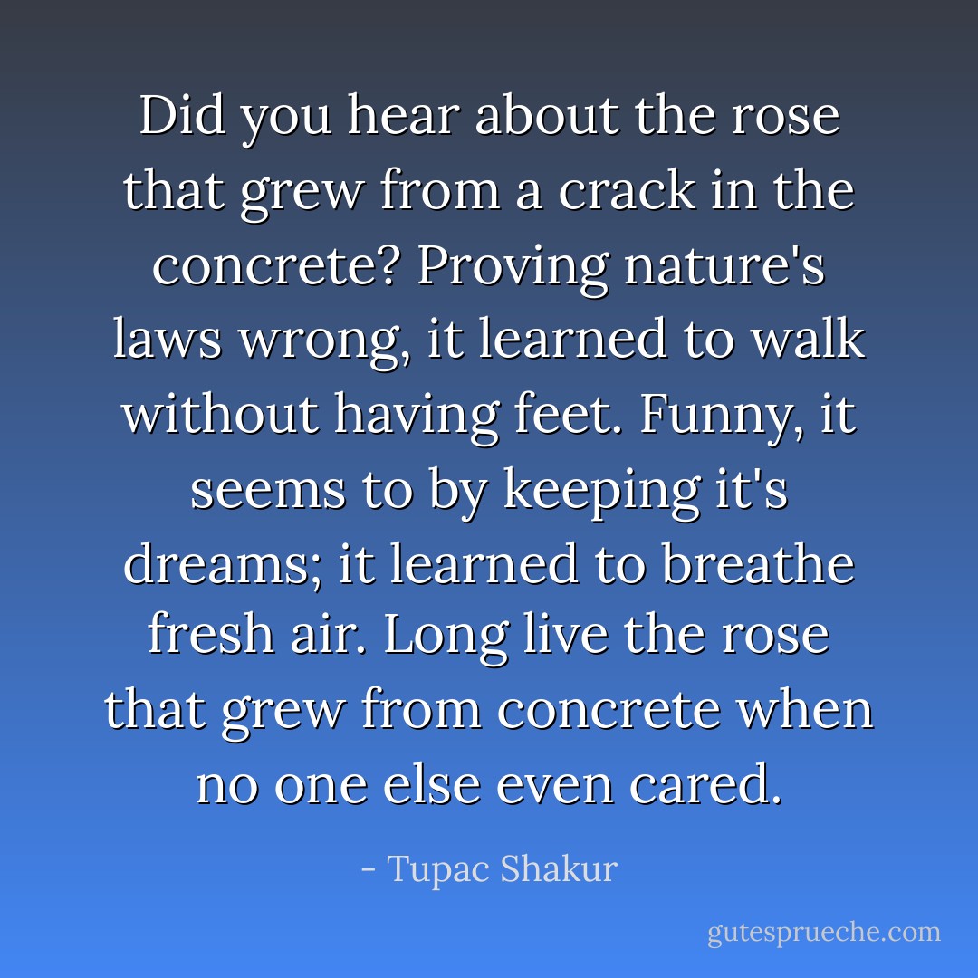 Did you hear about the rose that grew from a crack in the concrete? Proving nature's laws wrong, it learned to walk without having feet. Funny, it seems to by keeping it's dreams; it learned to breathe fresh air. Long live the rose that grew from concrete when no one else even cared. - Tupac Shakur