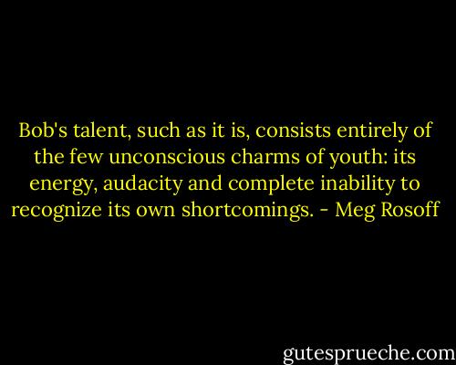 Bob's talent, such as it is, consists entirely of the few unconscious charms of youth: its energy, audacity and complete inability to recognize its own shortcomings. - Meg Rosoff