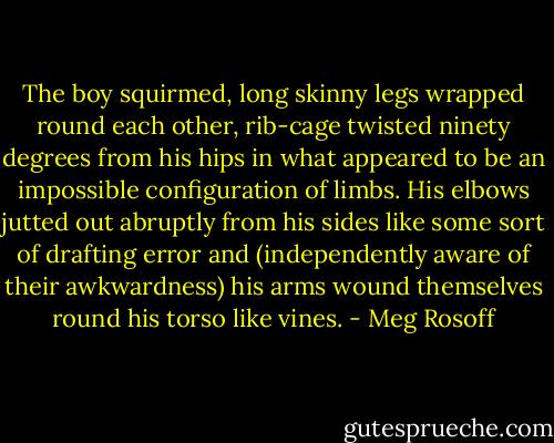 The boy squirmed, long skinny legs wrapped round each other, rib-cage twisted ninety degrees from his hips in what appeared to be an impossible configuration of limbs. His elbows jutted out abruptly from his sides like some sort of drafting error and (independently aware of their awkwardness) his arms wound themselves round his torso like vines. - Meg Rosoff