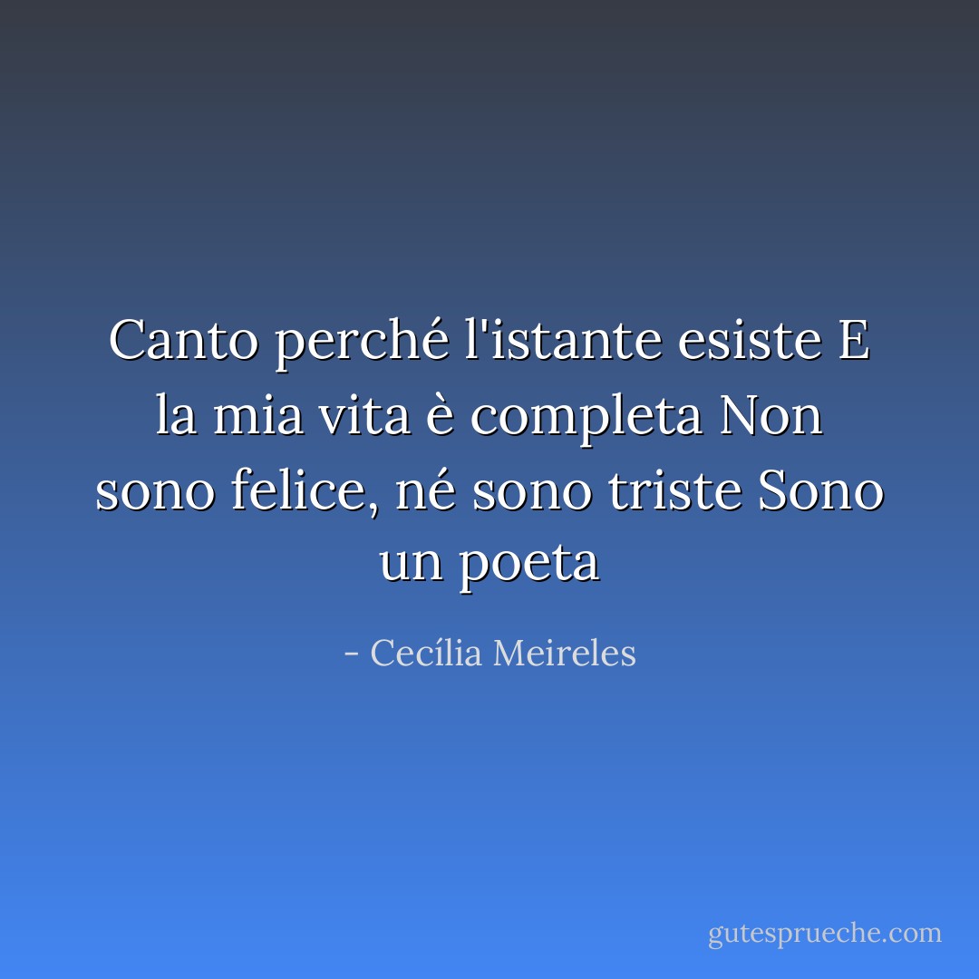 Canto perché l'istante esiste<br />E la mia vita è completa<br />Non sono felice, né sono triste<br />Sono un poeta - Cecília Meireles