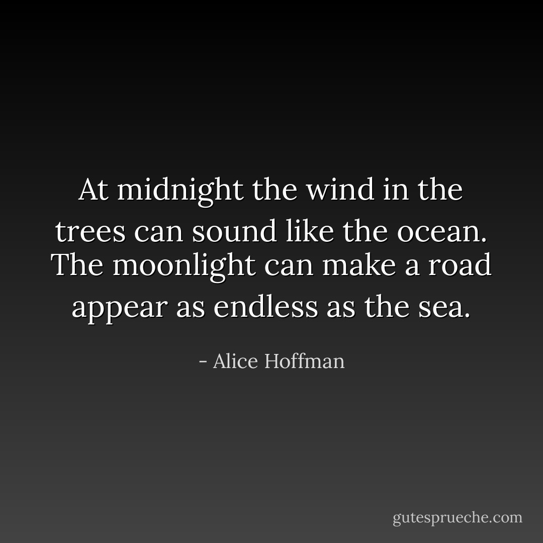 At midnight the wind in the trees can sound like the ocean. The moonlight can make a road appear as endless as the sea. - Alice Hoffman