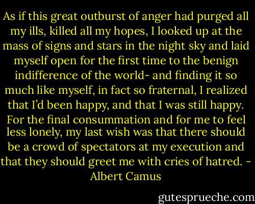 As if this great outburst of anger had purged all my ills, killed all my hopes, I looked up at the mass of signs and stars in the night sky and laid myself open for the first time to the benign indifference of the world- and finding it so much like myself, in fact so fraternal, I realized that I’d been happy, and that I was still happy. For the final consummation and for me to feel less lonely, my last wish was that there should be a crowd of spectators at my execution and that they should greet me with cries of hatred. - Albert Camus